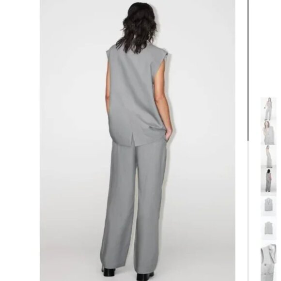 NWT ZARA 2 PIECES MATCH SET SUIT OVERSIZED LINEN BLEND VEST + FLARED PANTS GRAY - Picture 3 of 14